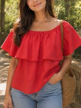 Aritzia Wilfred Neuchatel Off-Shoulder Top Red Ruffle Bardot Blouse Romantic
